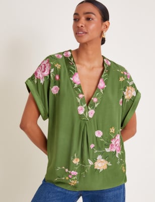 Monsoon Women's Floral V-Neck Blouse - XXL - Green Mix, Green Mix