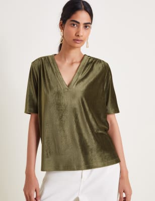 Monsoon Women's Velour Ribbed T-Shirt - Khaki, Khaki