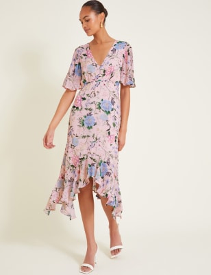 Monsoon Women's Floral V-Neck Ruffle Midi Waisted Dress - 22 - Blush, Blush