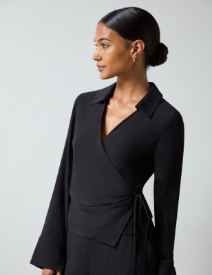 Ro&Zo Women's Crepe Collared Wrap Shirt - 8REG - Black, Black