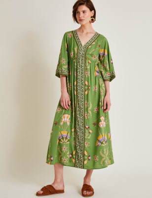 Monsoon Women's Embroidered V-Neck Midi Smock Dress - Green Mix, Green Mix