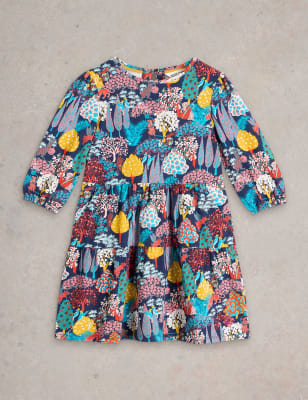 White Stuff Girls Pure Cotton Woodland Print Tiered Dress (3-10 Yrs) - 9-10Y - Navy Mix, Navy Mix