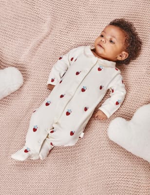 Jojo Maman Bb Girls Pure Cotton Strawberry Sleepsuit (7lbs-1 Yrs) - 0-3 M - Cream Mix, Cream Mix