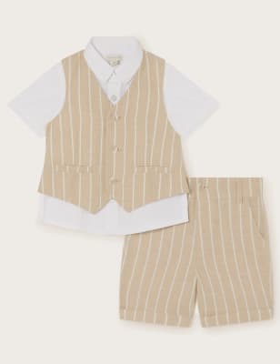 Monsoon Boys 3pc Cotton Rich Striped Outfit (6 Mths-11 Yrs) - 12-18 - Beige Mix, Beige Mix