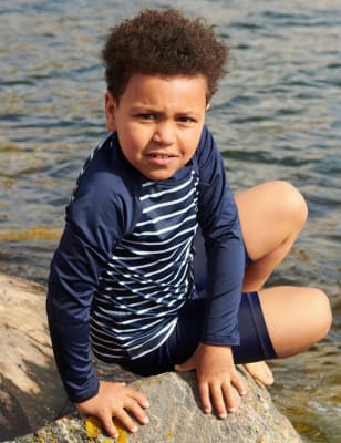 Polarn O. Pyret Boys Striped UV Long Sleeve Rash Vest (1-10 Yrs) - 6-8Y - Navy Mix, Navy Mix