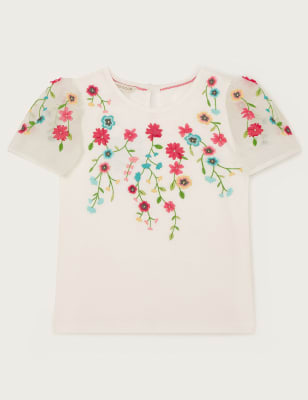 Monsoon Girls Cotton Rich Flower Embroidered Top (3-13 Yrs) - 5-6 Y - White, White