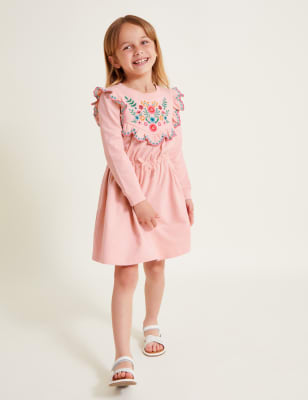 Monsoon Girls Pure Cotton Embroidered Sweatshirt Dress (3-13 Yrs) - 3-4 Y - Pink Mix, Pink Mix