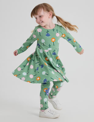 Polarn O. Pyret Girls Cotton Rich Floral Dress (1-10 Yrs) - 3-4 Y - Green Mix, Green Mix