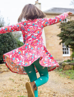 Frugi Girls Cotton Rich Horse Skater Dress (2-10 Yrs) - 5-6 Y - Pink Mix, Pink Mix