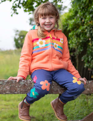 Frugi Girls Cotton Rich Fleece Lined Floral Zip Hoodie (2-10 Yrs) - 3-4 Y - Orange Mix, Orange Mix