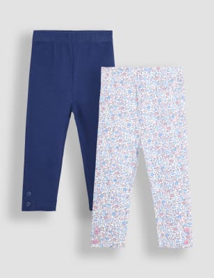 Jojo Maman Bb Girls 2 Pack Cotton Rich Floral & Plain Leggings (6 Mths - 6 Yrs) - 6-12M - Navy Mix