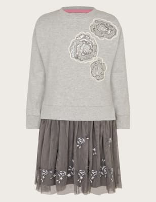 Monsoon Girls Embellished Sweatshirt Dress (5-13 Yrs) - 11-12 - Grey Mix, Grey Mix