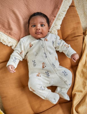 Jojo Maman Bb Pure Cotton Bear Print Zip Sleepsuit (7lbs-18 Mths) - 3-6M - Natural Mix, Natural Mi