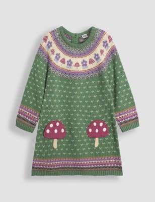 Jojo Maman Bébé Girls Toadstool Fair Isle Applique Knitted Dress (6 Mths-6 Yrs) - 3-4 Y - Dark Green Mix, Dark Green Mix