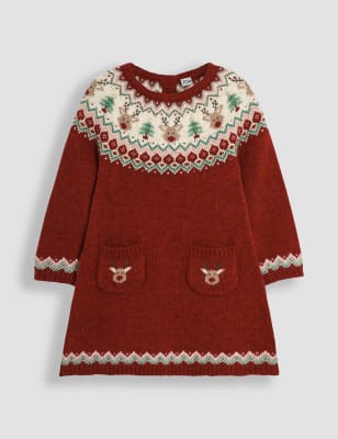 Jojo Maman Bb Girls Fair Isle Reindeer Knitted Dress with Wool (6 Mths-6 Yrs) - 12-18 - Red Mix, R