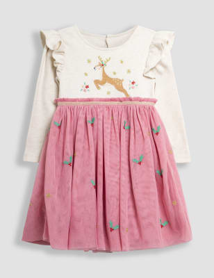 Jojo Maman Bb Girls Reindeer Applique Dress (6 Mths-6 Yrs) - 6-12M - Pink Mix, Pink Mix