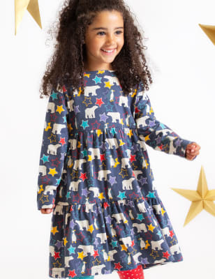 Frugi Girls Pure Cotton Polar Bear Star Dress (2-10 Yrs) - 7-8 Y - Multi, Multi