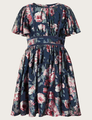 Monsoon Girls Devor Floral Flutter Sleeve Dress (3-15 Yrs) - 14-15 - Navy, Navy