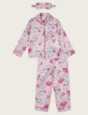 Monsoon Girls Satin Floral Pyjamas & Eye Mask Set (5-13 Yrs) - 7-8 Y - Pink Mix, Pink Mix