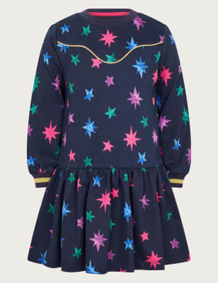 Monsoon Girls Pure Cotton Star Print Dress (3-13 Yrs) - 11-12 - Black Mix, Black Mix