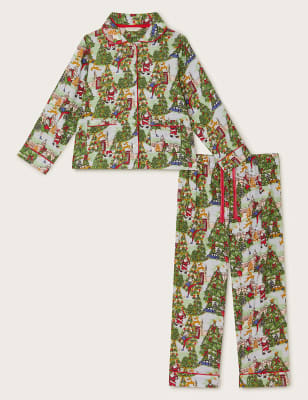 Monsoon Girls Pure Cotton Father Christmas Pyjamas (2-13 Yrs) - 7-8 Y - Green Mix, Green Mix