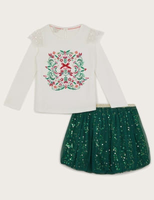 Monsoon Girls 2pc Sequin Embroidery Party Outfit (3-13 Yrs) - 9-10Y - Green Mix, Green Mix