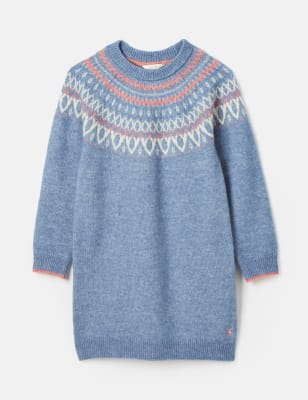 Joules Girls Knitted Fair Isle Jumper Dress with Wool (1-12 Yrs) - 11-12 - Light Blue Mix, Light Blu