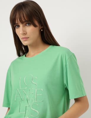 

Marks & Spencer Embroidered Round Neck T-Shirt (FEMALE, GREEN MIX, 14)
