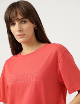 

Marks & Spencer Embroidered Round Neck T-Shirt (FEMALE, RED MIX, 14)