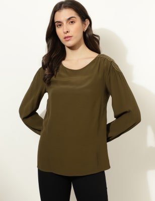 

Marks & Spencer Pure Viscose Solid Round Neck Top (FEMALE, DARK KHAKI, 6)