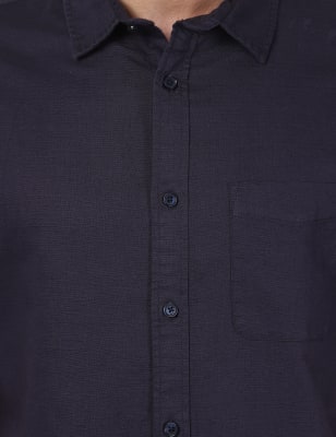 Linen Mix Plain Spread Collar Shirts, NAVY, swatch