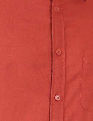 Linen Mix Plain Spread Collar Shirts, DARK ORANGE, swatch