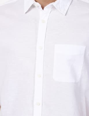 Linen Mix Plain Spread Collar Shirts, WHITE, swatch
