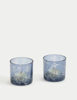 

M&S Collection 2pk Cherry Blossom Glass Tealight Holders, Blue Mix