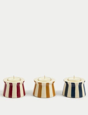 

M&S Collection Set of 3 Striped Ceramic Tealight Holders - Multi, Multi