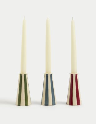 

M&S Collection Set of 3 Striped Ceramic Dinner Candle Holders, Multi