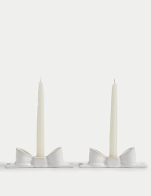 M&S Collection 2 Pack Bow Ceramic Dinner Candle Holders - White, White