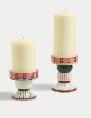 M&S Set of 2 Patterned Ceramic Candle Holders - Multi, Multi