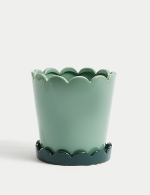 

M&S Collection Ceramic Scallop Planter with Tray - Green, Green