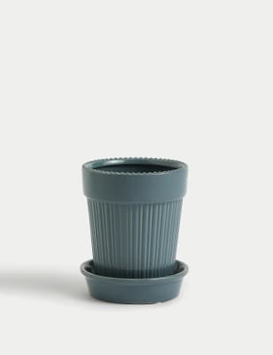 

M&S Collection Small Ridged Ceramic Planter with Tray - Light Blue Mix, Light Blue Mix