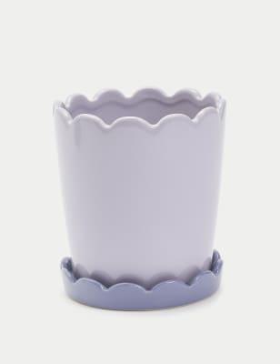 

M&S Collection Scalloped Ceramic Planter with Tray - Lilac Shell, Lilac Shell