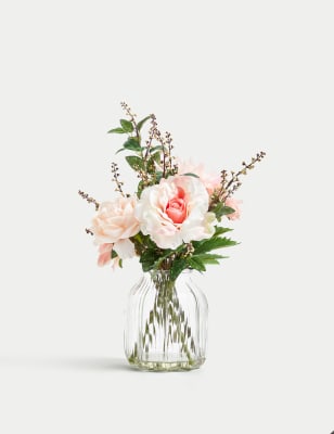 Moss & Sweetpea Artificial Bouquet in Glass Vase - Pink, Pink