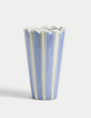 

M&S Collection Scallop Striped Ceramic Vase - Blue Mix, Blue Mix