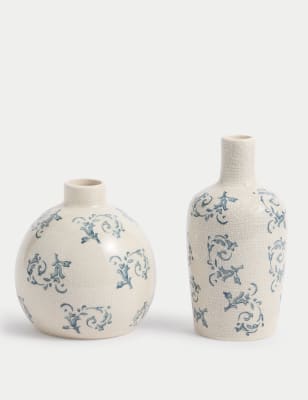 

M&S Collection Set of 2 Floral Ceramic Bud Vases, Blue