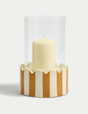 

M&S Collection Striped Ceramic Hurricane Candle Holder - Ochre, Ochre