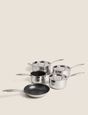 M&S Collection 5 Piece Tri Ply Pan Set - Silver, Silver