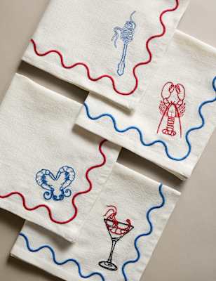 M&S Collection Set of 4 Pure Cotton Bistro Embroidered Napkins, White Mix