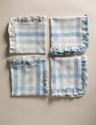 

M&S Collection Set of 4 Cotton with Linen Ruffle Gingham Napkins, Blue Mix