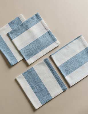

M&S Collection Set of 4 Cotton with Linen Wide Stripe Napkins, Blue Mix