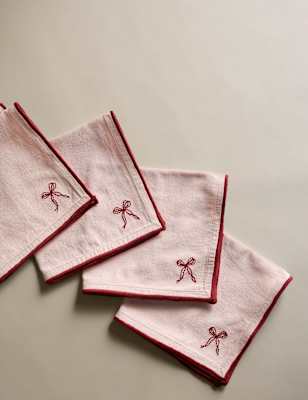 

M&S Collection Set of 4 Pure Cotton Bow Napkins, Red Mix
